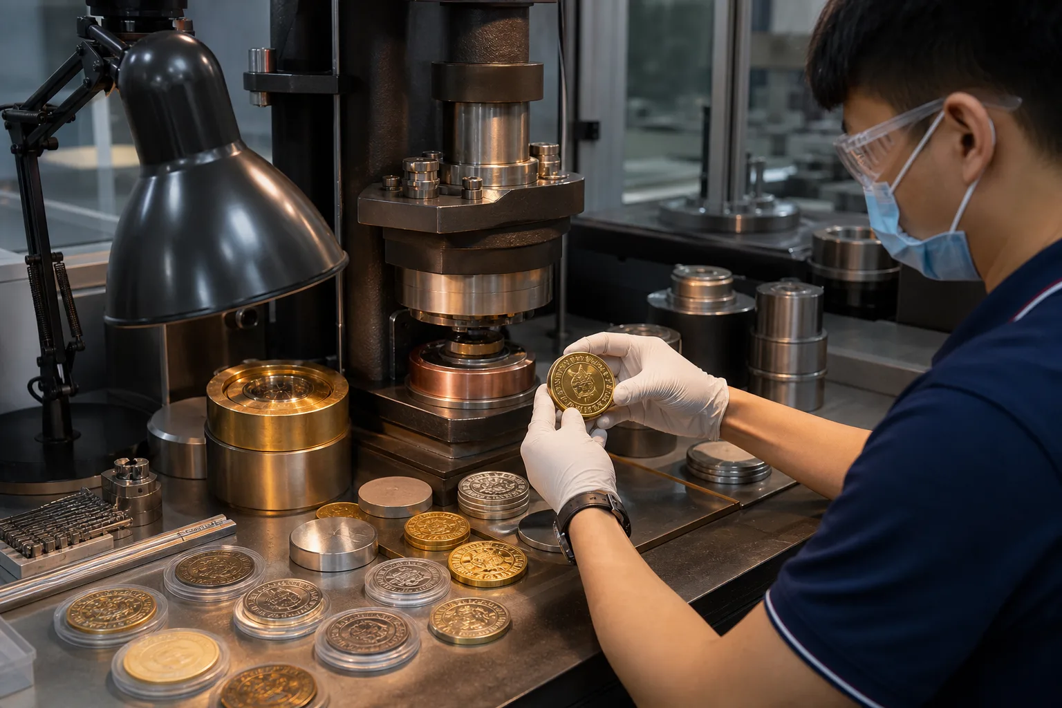 Precision coin tooling and metal blanks prepared for custom anniversary coin production