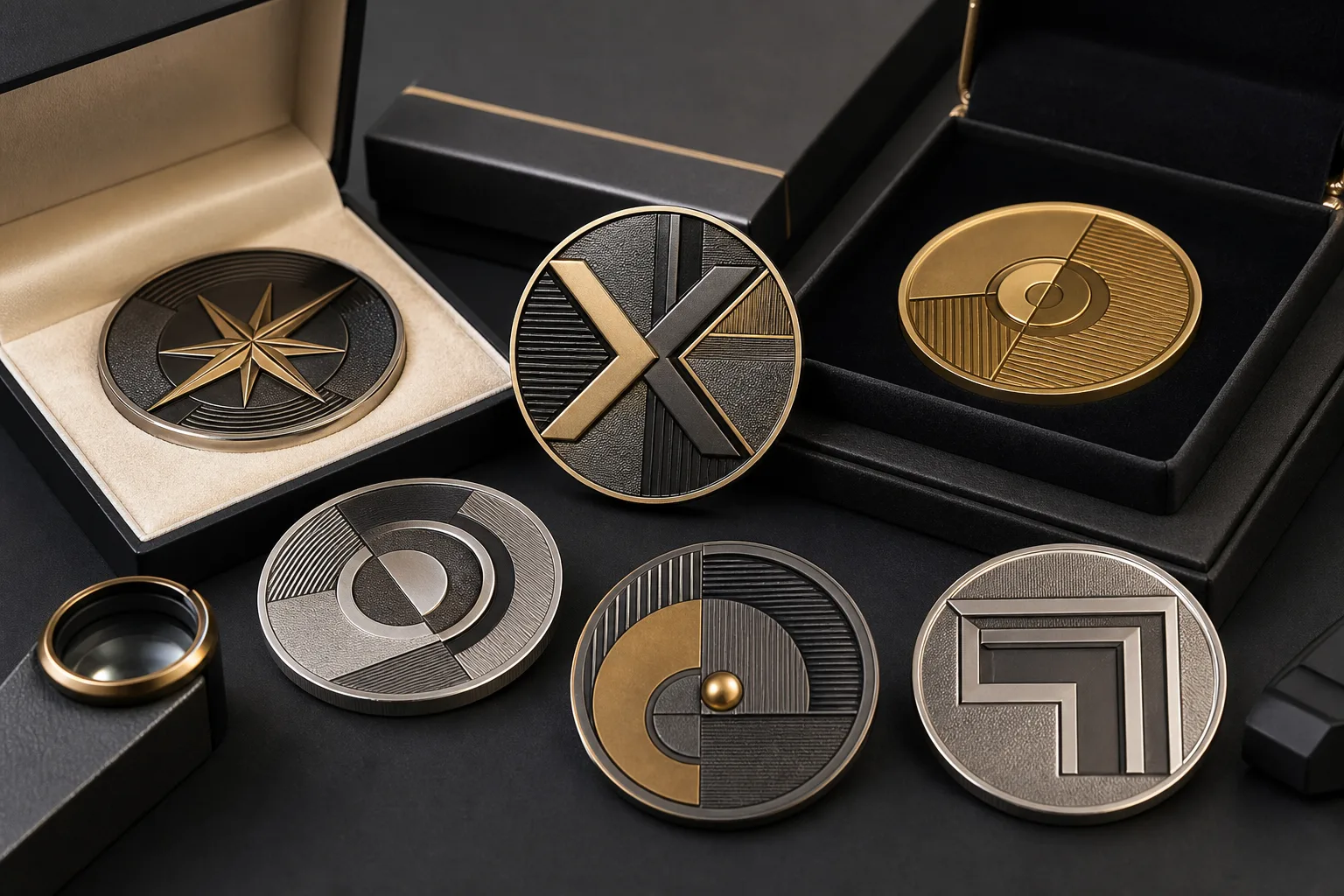 Corporate anniversary coins arranged with presentation boxes on a dark graphite executive table