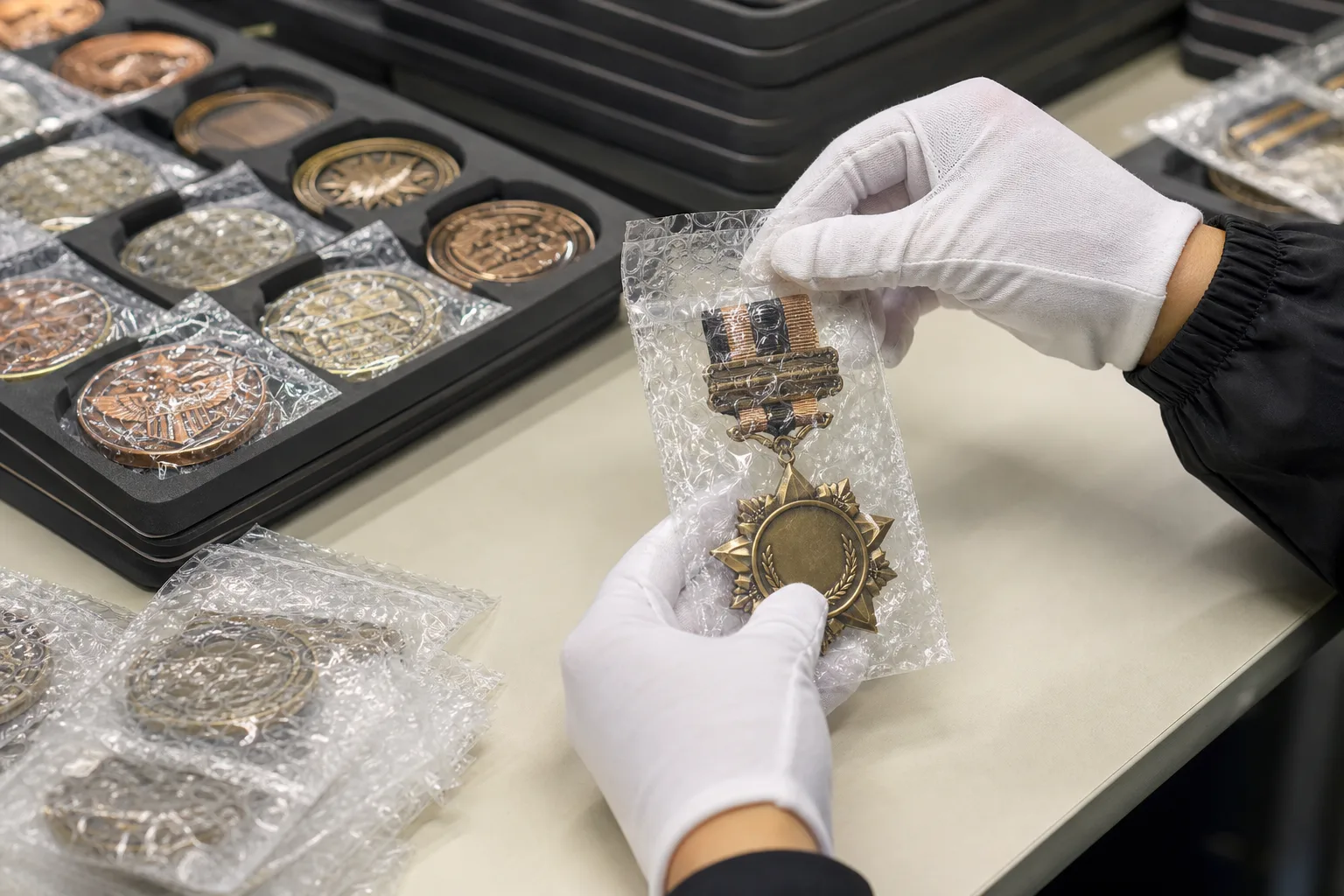 Dimensional metal coins and medal receiving individual cushioned bubble bag protection