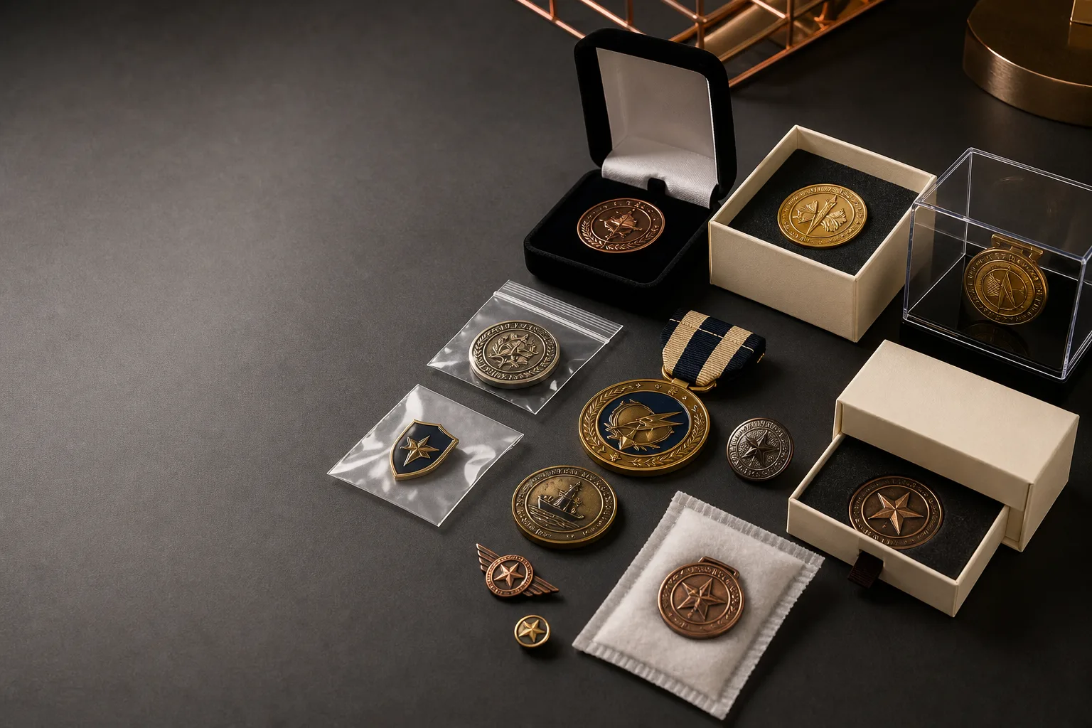 Custom award packaging options arranged with medals, coins, pins and presentation boxes