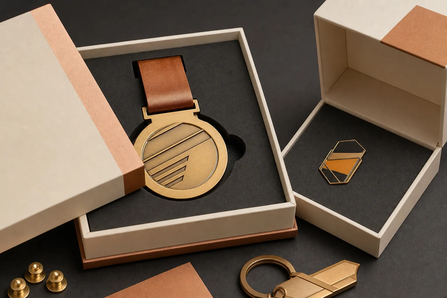 Custom medal and enamel pin arranged in structured paper display boxes