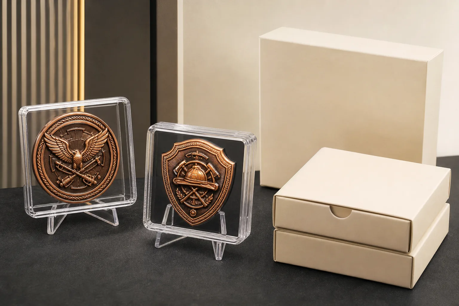 Collectible challenge coin and metal badge visible inside clear plastic display boxes