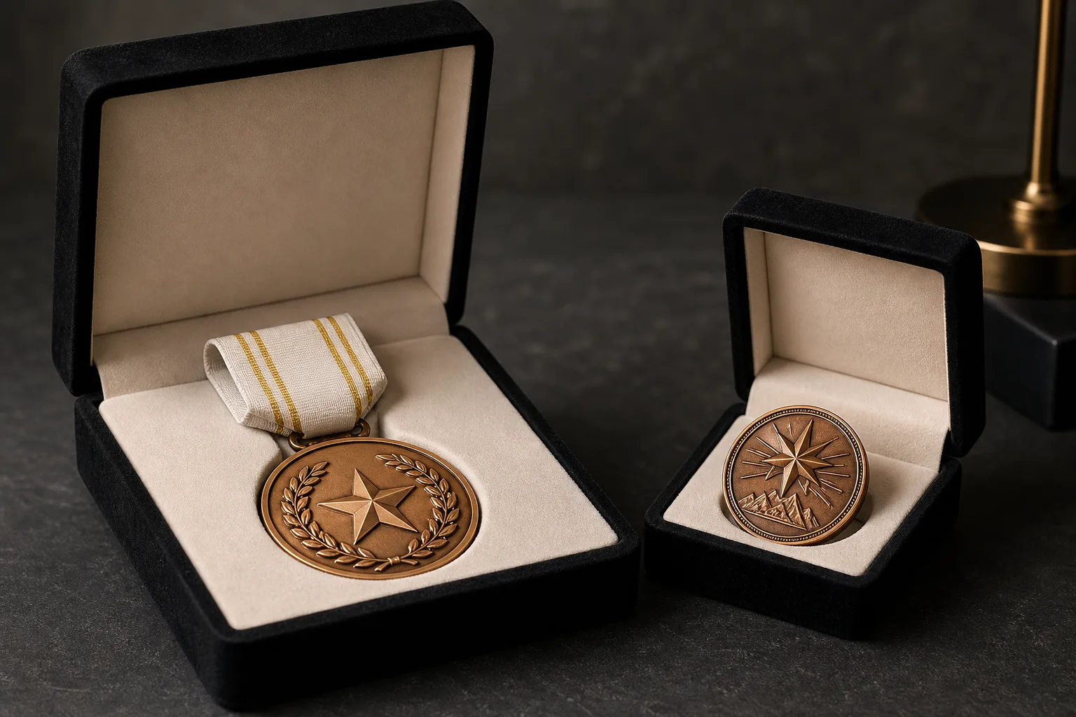 Recognition medal and high-relief challenge coin presented in fitted velvet boxes