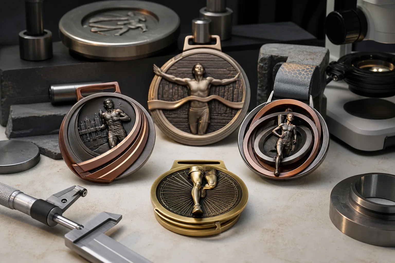 Custom marathon medals showing varied metal structures for race award planning