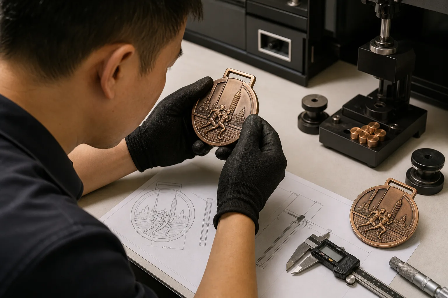Quality inspector checking custom medal dimensions and relief against an approved sample