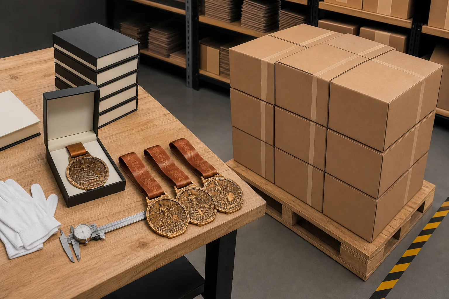 Prepared medal cartons staged for inspection, transport and arrival before race day