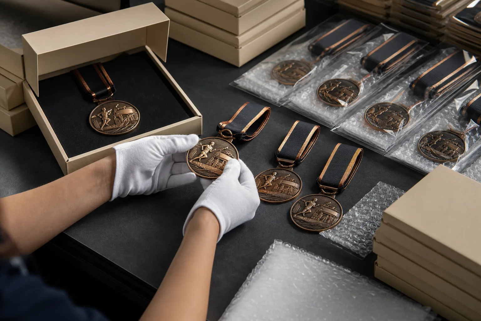 Packed custom race medals arranged for counting, transport and finish-line distribution