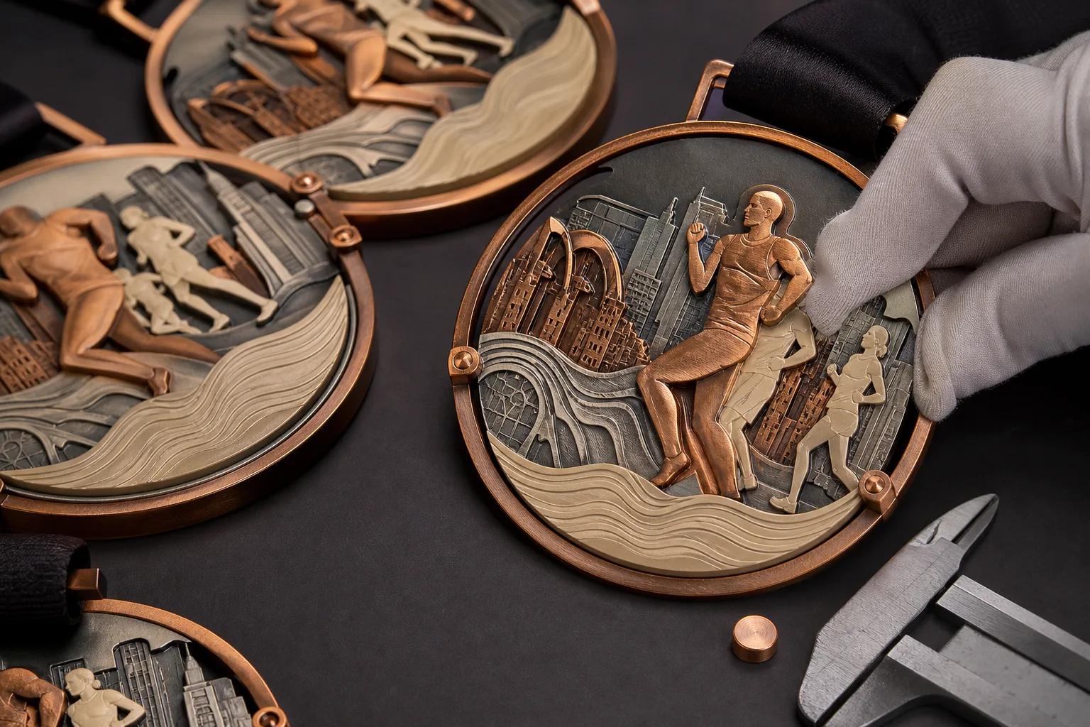 Sculpted and moving custom race medals illustrating different event design structures