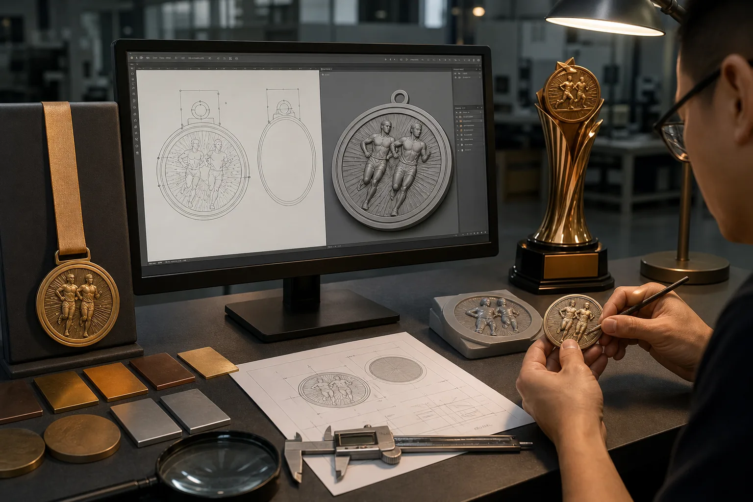 Engineer reviewing generic medal relief artwork beside metal samples and precision calipers