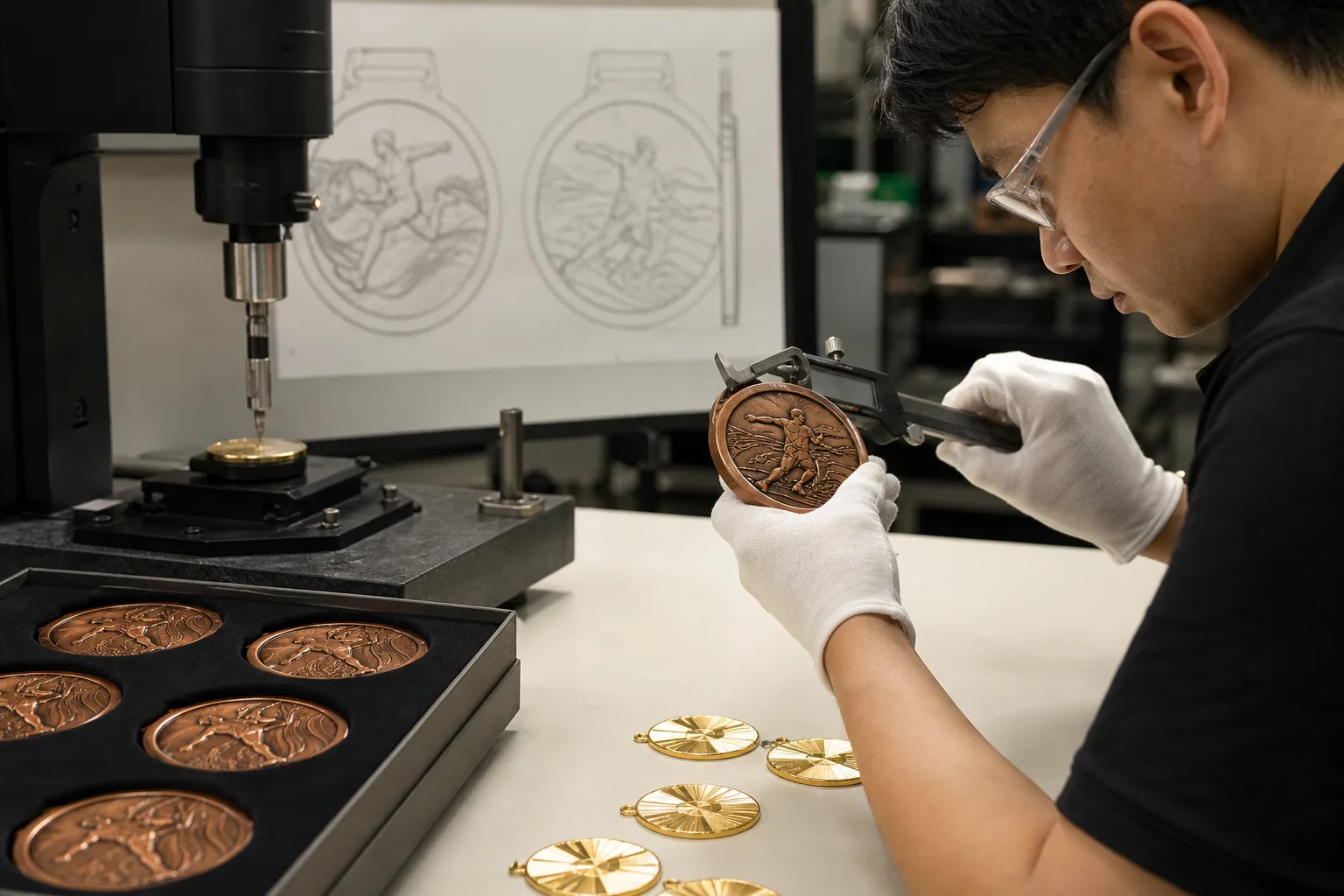 Quality inspector measuring medal thickness and relief detail with digital calipers