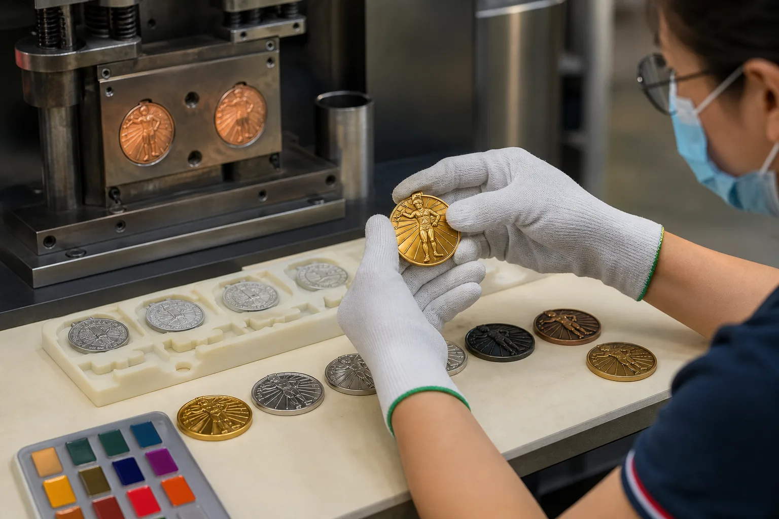 Gloved factory operator comparing formed medal blanks with plated and enamel samples