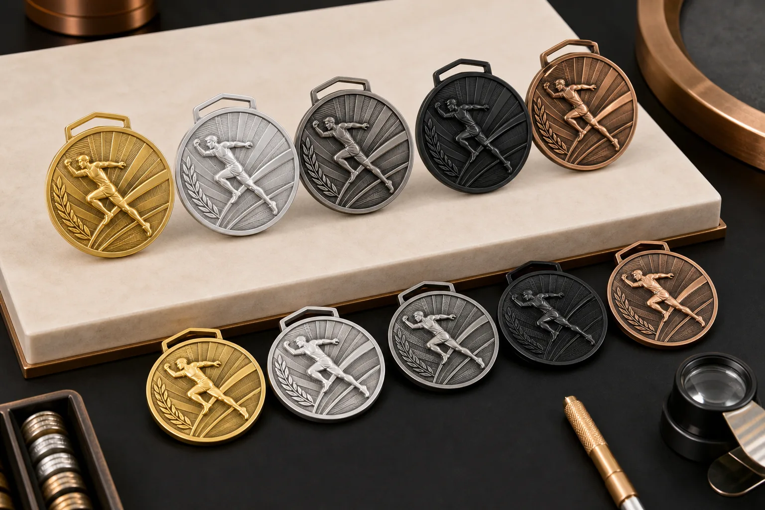 Related tournament medals distinguished by placement finishes, enamel colors and relief details