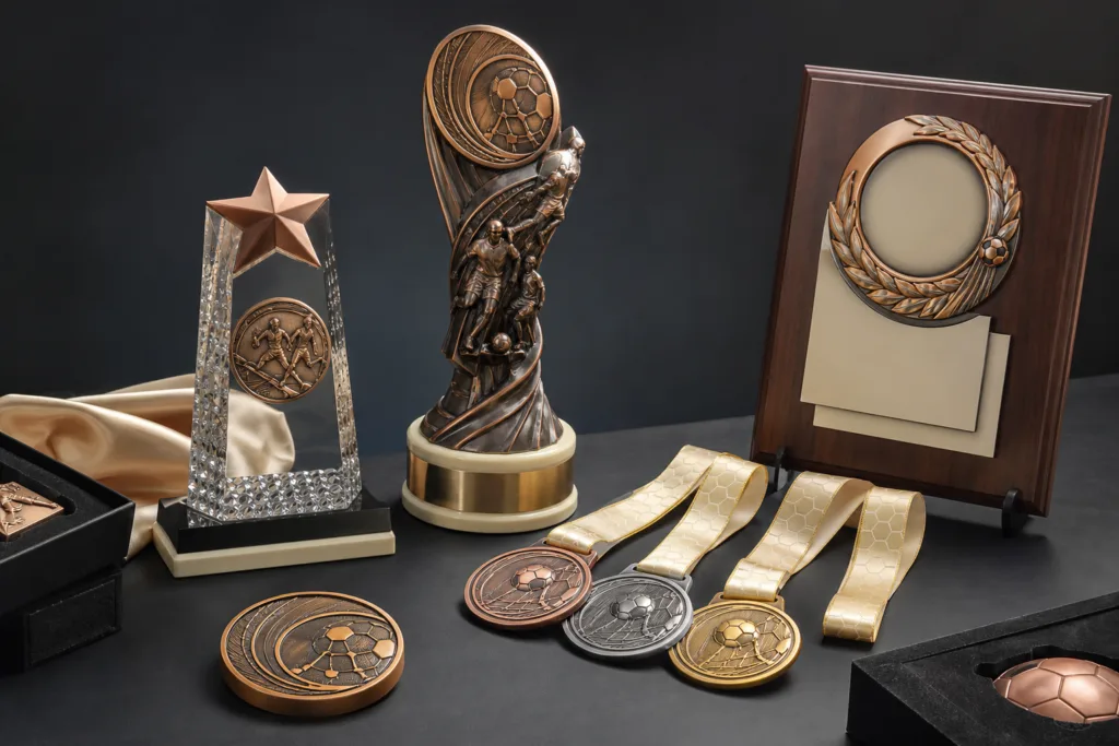 Coordinated custom awards for sports tournaments including medals, trophies and a plaque