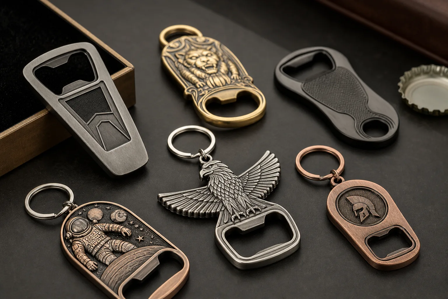 Custom bottle openers displaying varied metal finishes, relief details and keyring formats