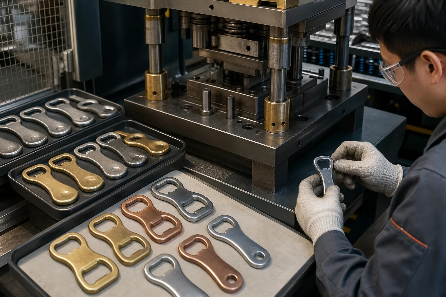 Metal bottle opener bodies beside precision forming tooling for geometry and material review