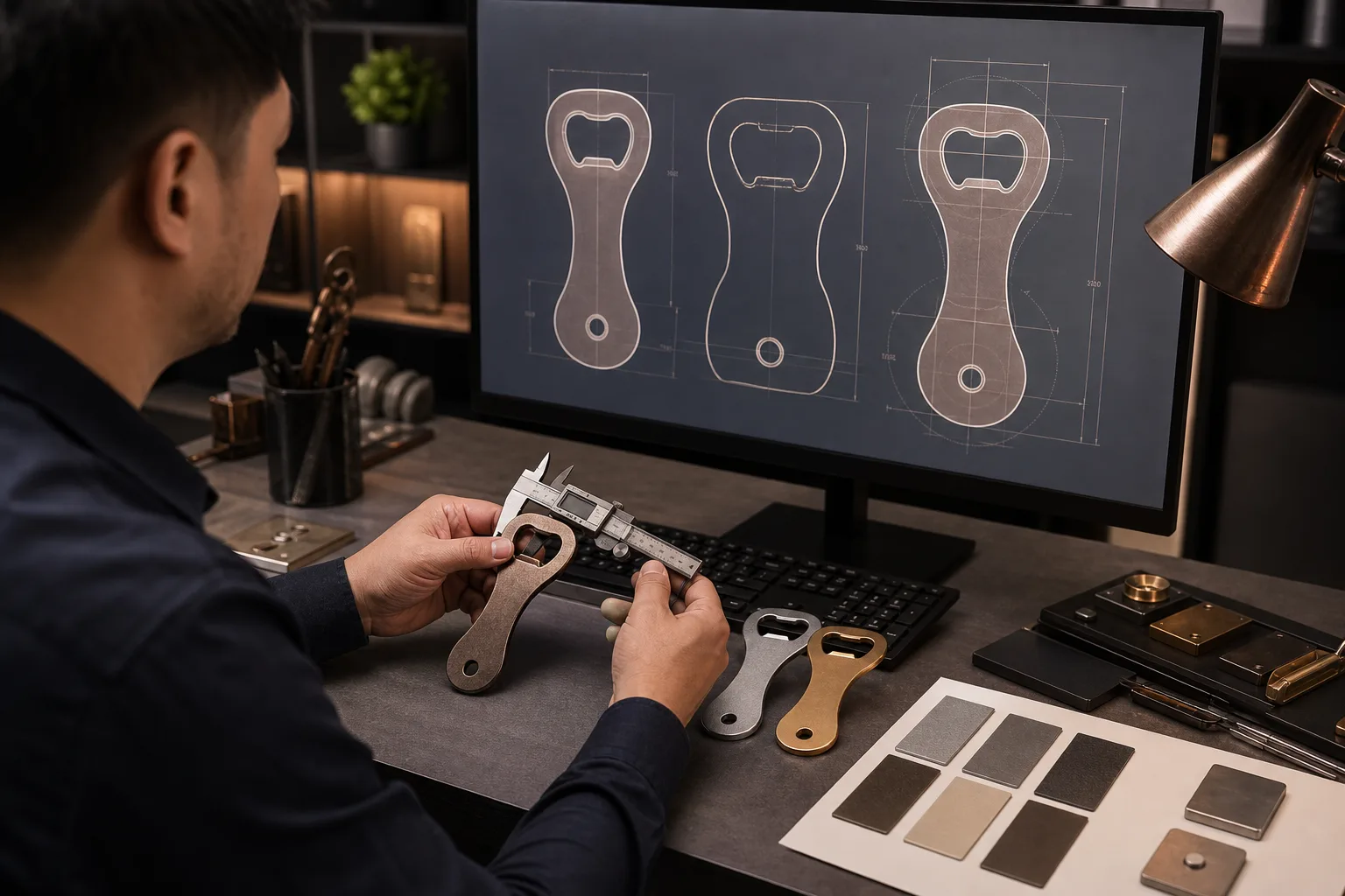 Designer reviewing bottle opener artwork placement around the functional opening and attachment point