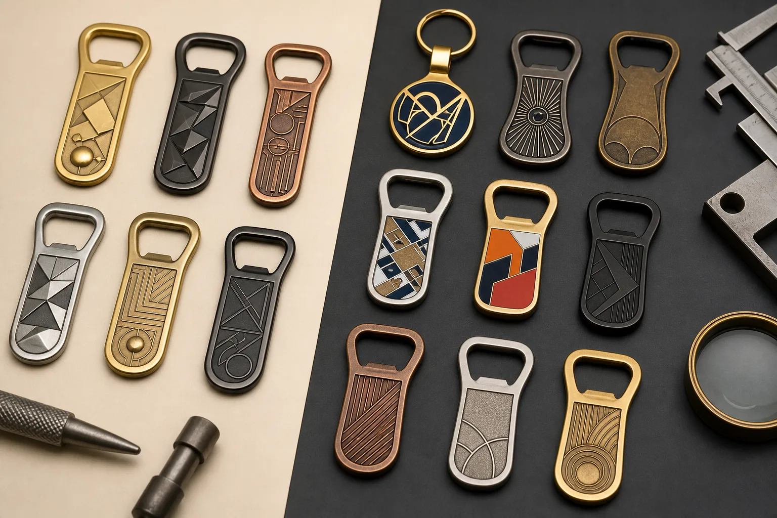 Bottle opener samples comparing enamel, printed decoration, plating and matte metal finishes