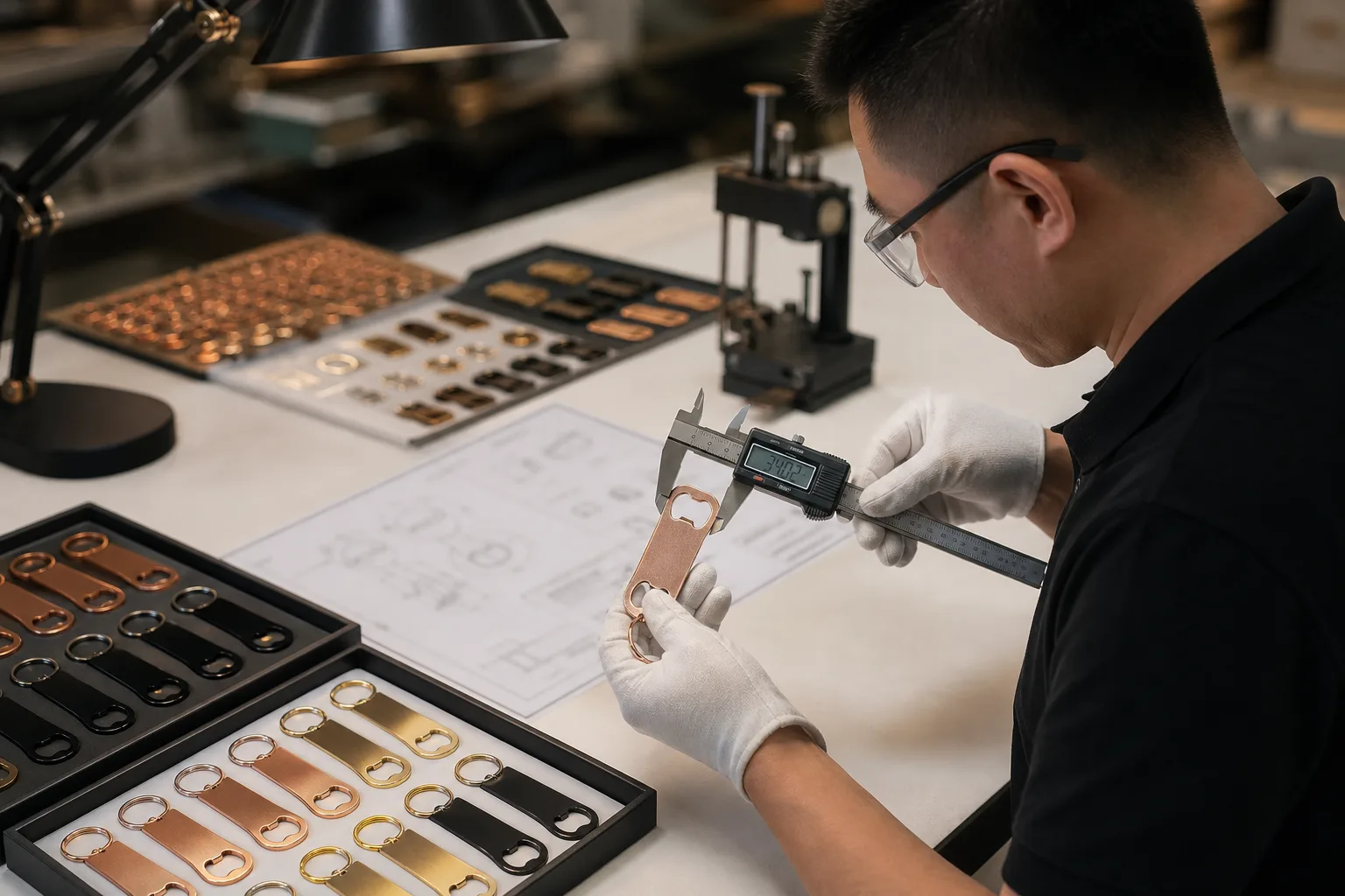 Inspector checking bottle opener dimensions, surface finish, relief and assembled keyring security