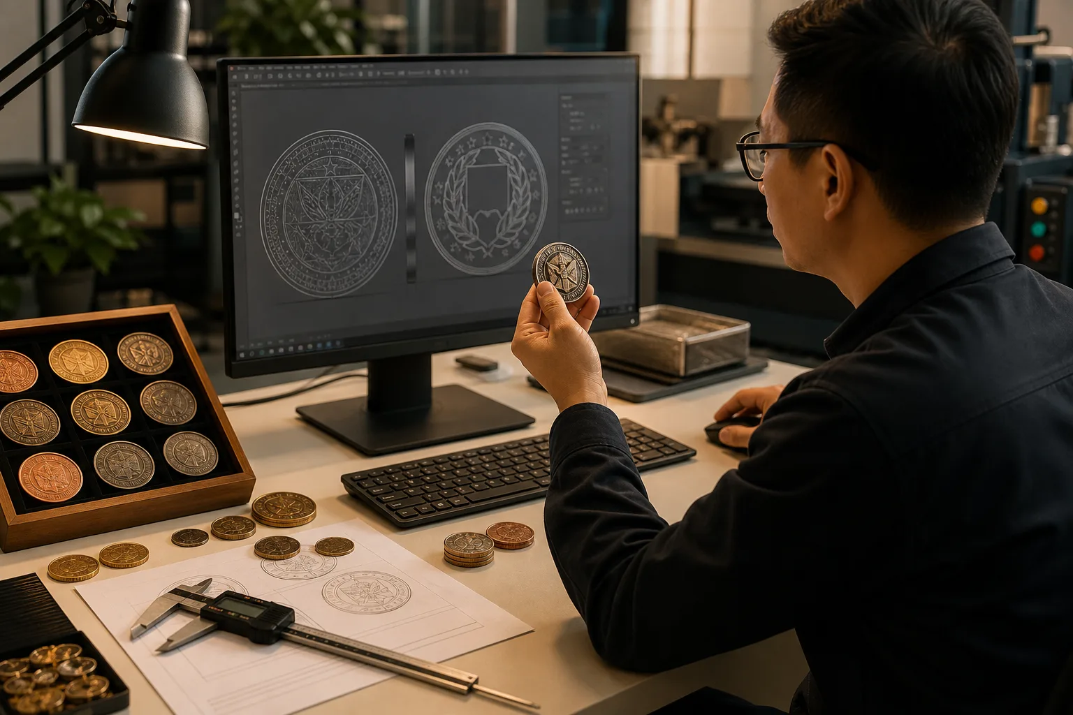 Engineer reviewing custom coin artwork proof beside physical samples and measurement tools