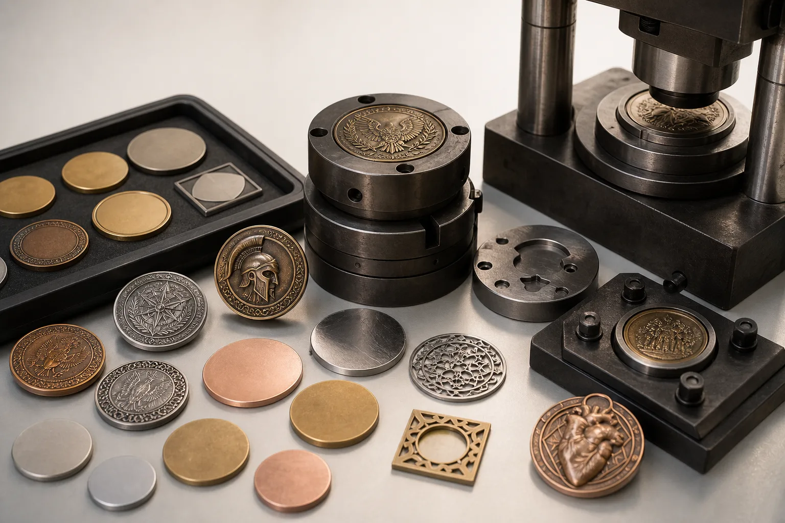 Metal coin samples and forming tools representing material and production method comparisons