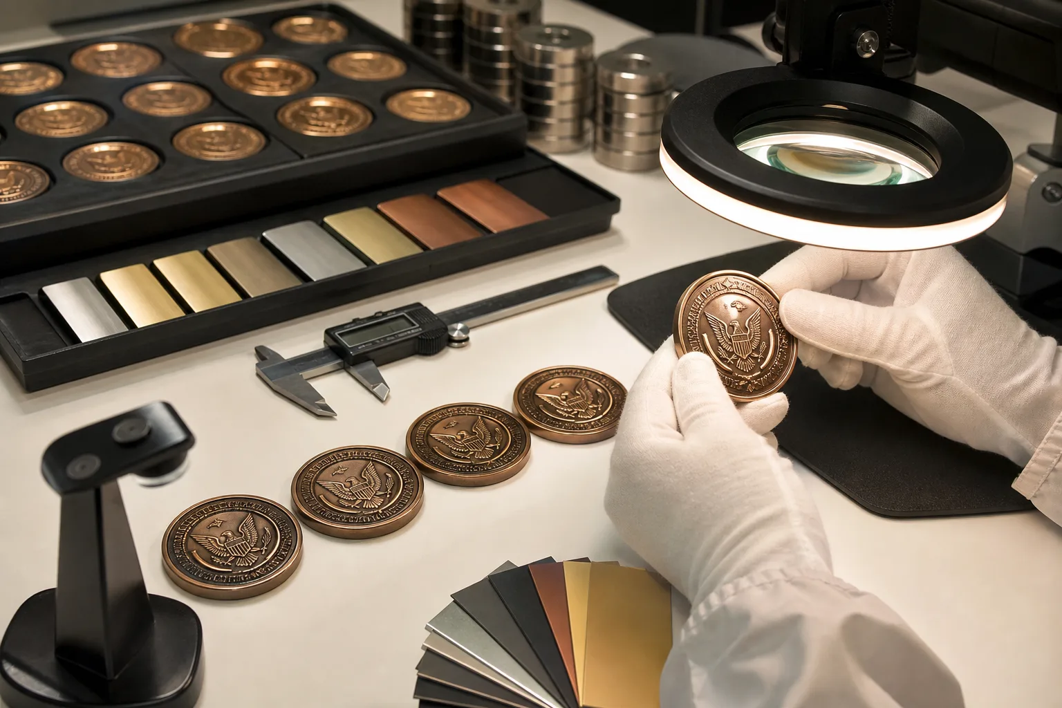 Finished metal coins undergoing dimensional, surface, plating and color inspection