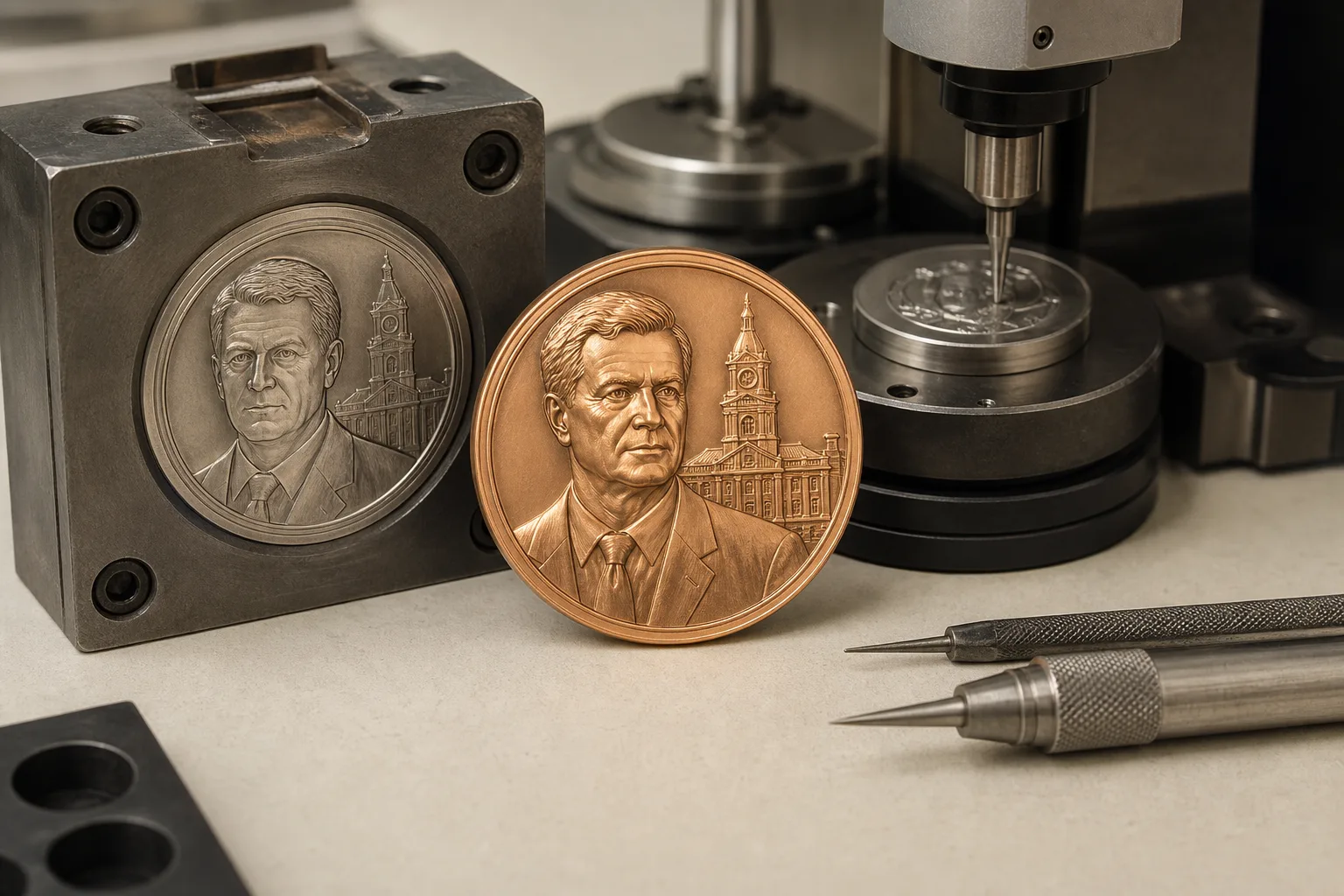 High-relief metal coin beside precision tooling showing raised and recessed design hierarchy
