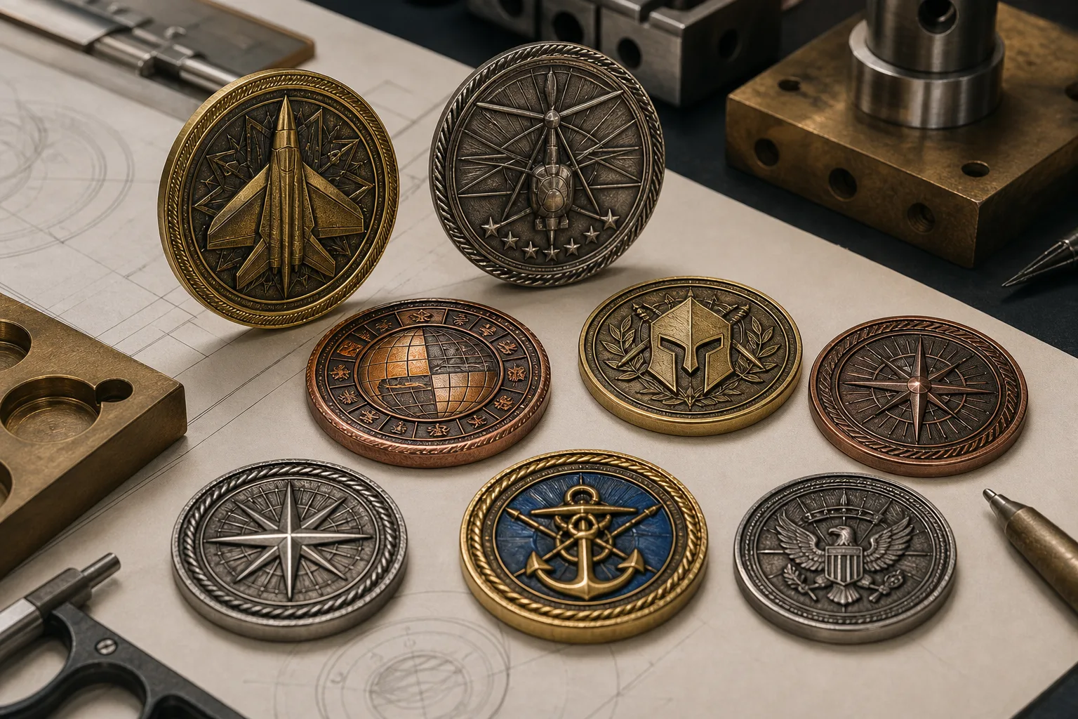 Custom challenge coins showing varied relief, plating and presentation options for program buyers