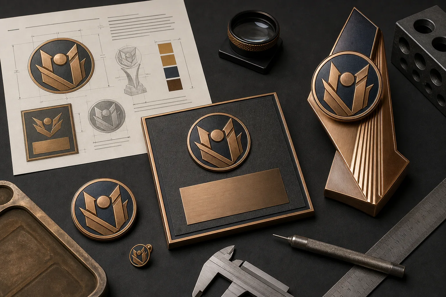 Coordinated award family and artwork proof demonstrating consistent corporate design hierarchy