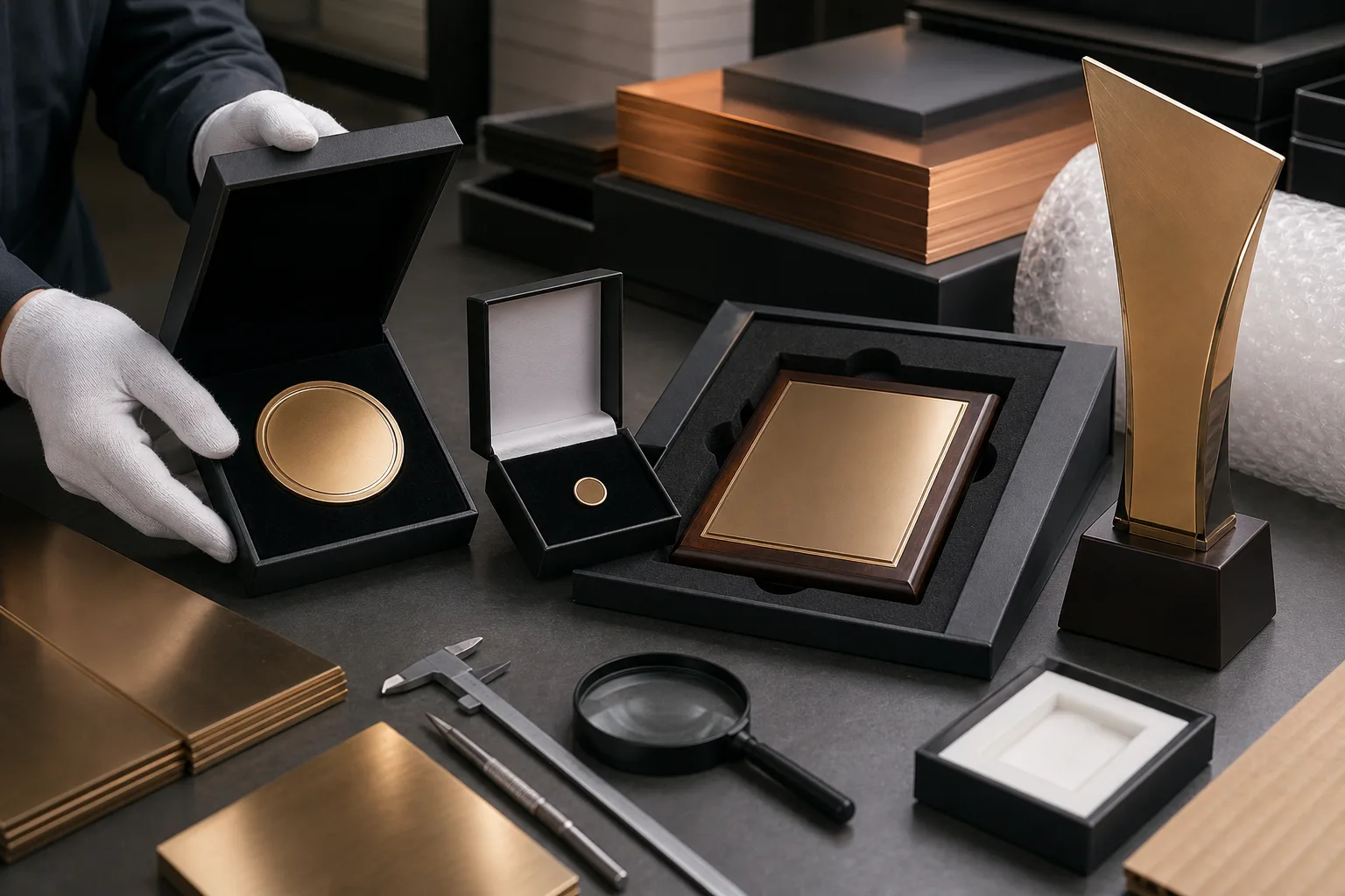 Corporate metal awards arranged with presentation boxes and protective packaging options