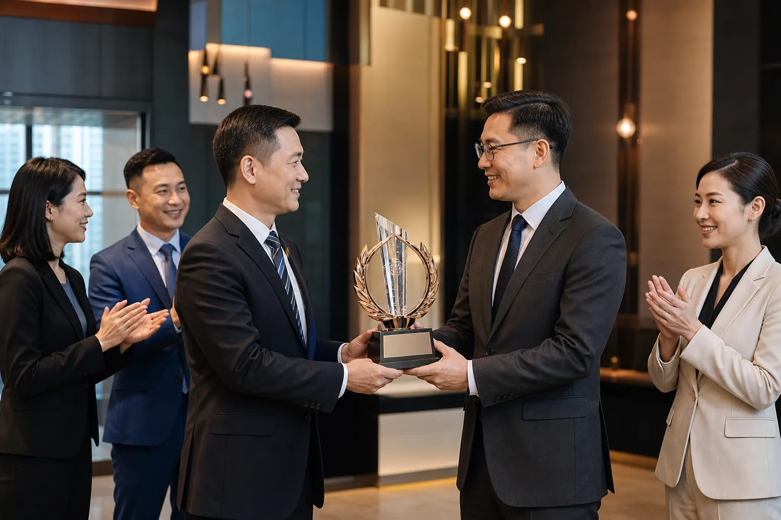 Corporate team presenting a metal trophy during a formal employee recognition moment
