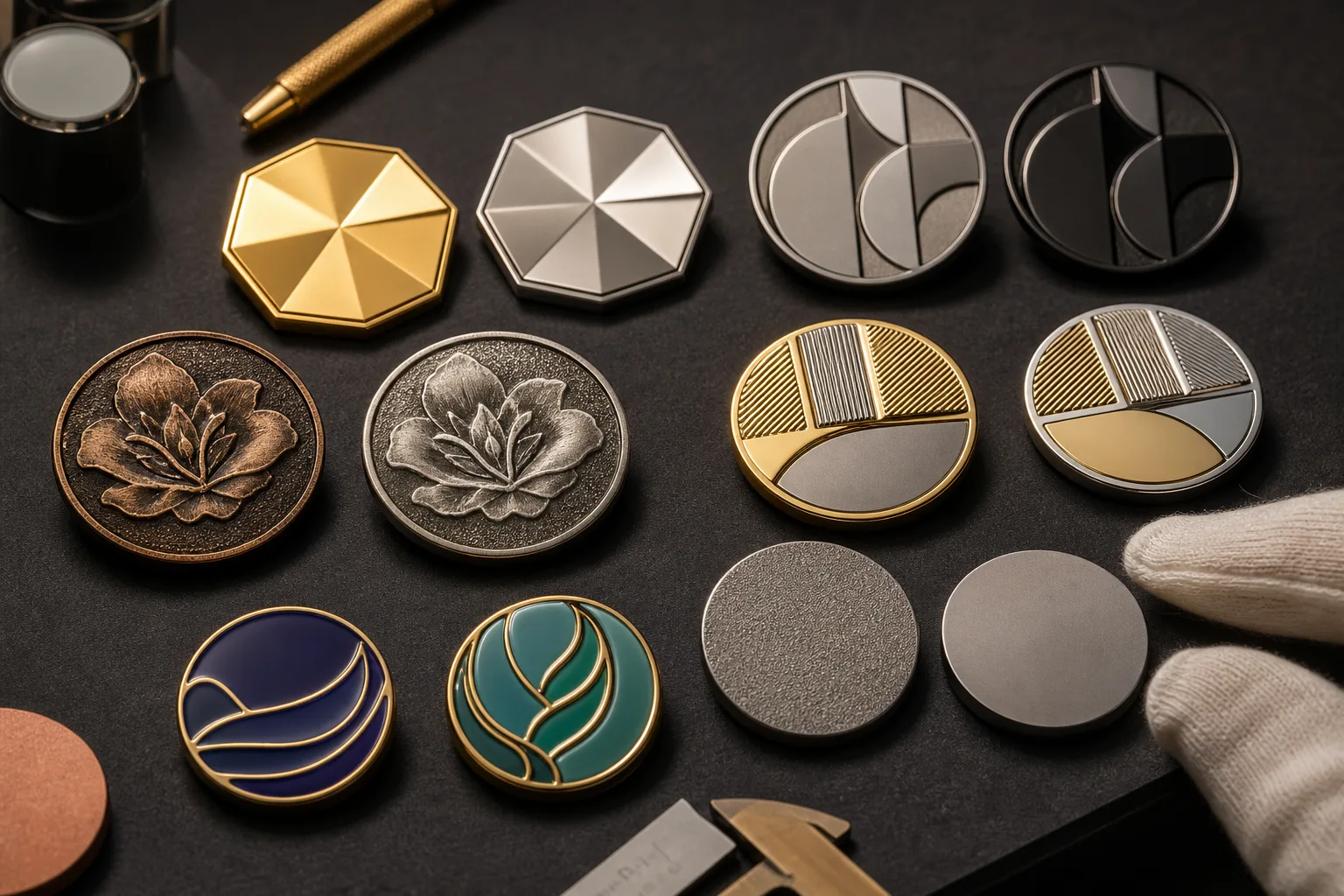 Metal award finish samples comparing plating, enamel, relief and surface textures