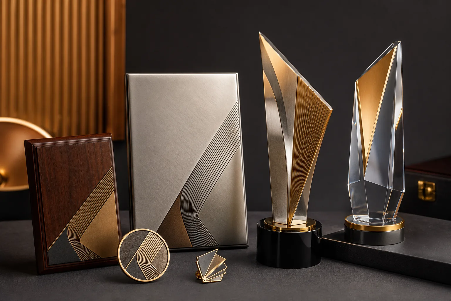 Coordinated custom corporate recognition awards including coins, pins, plaques and trophies