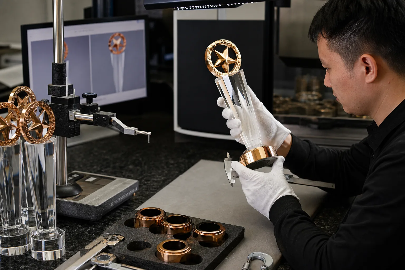Technician inspecting an assembled crystal and metal trophy for alignment and finish