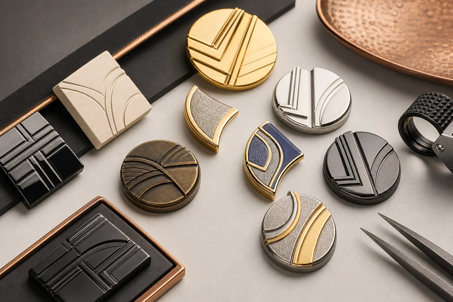 Metal award components displaying coordinated plating, enamel, and matte finish options