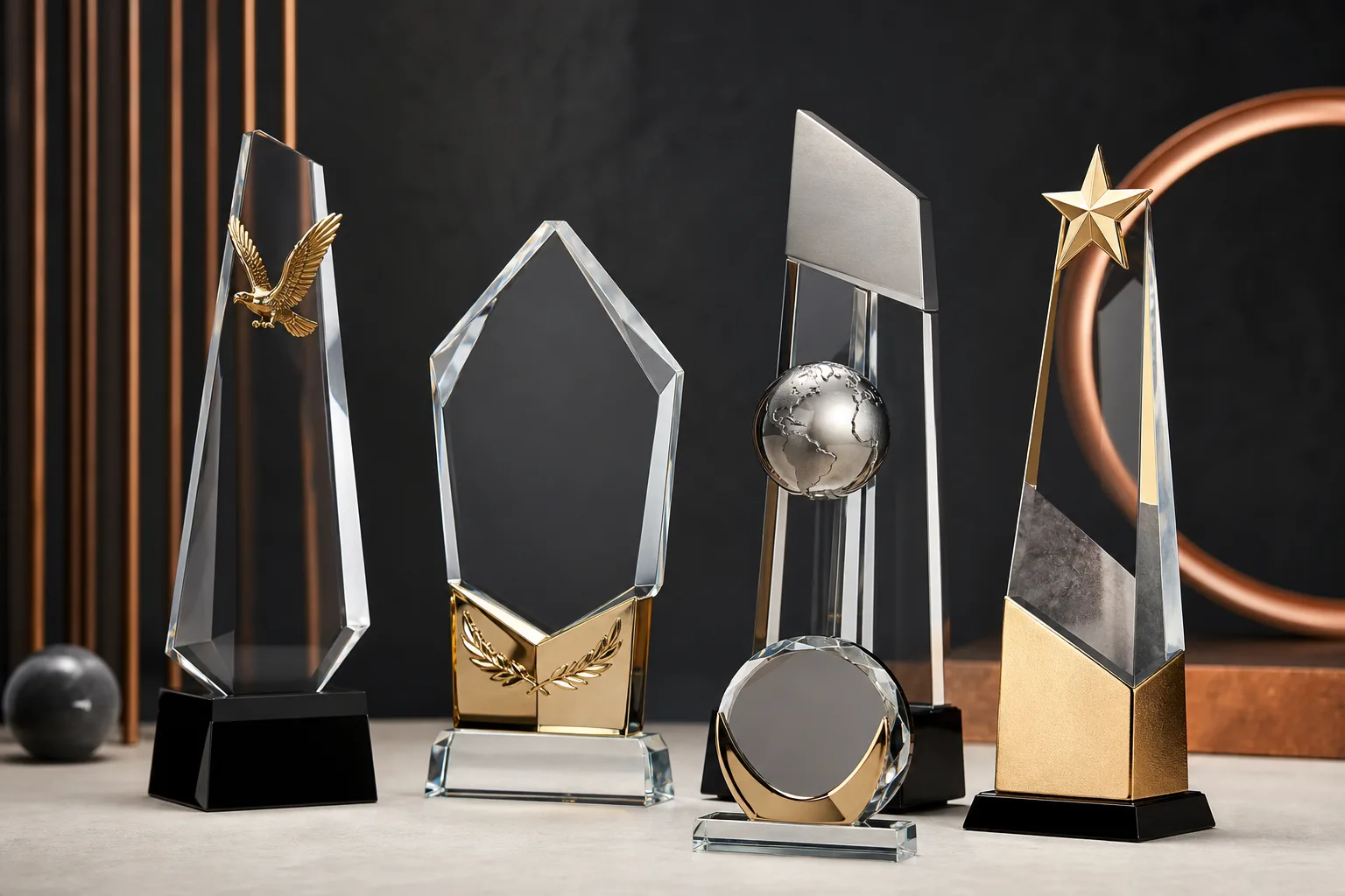 Custom crystal and metal trophies arranged for premium corporate award presentations