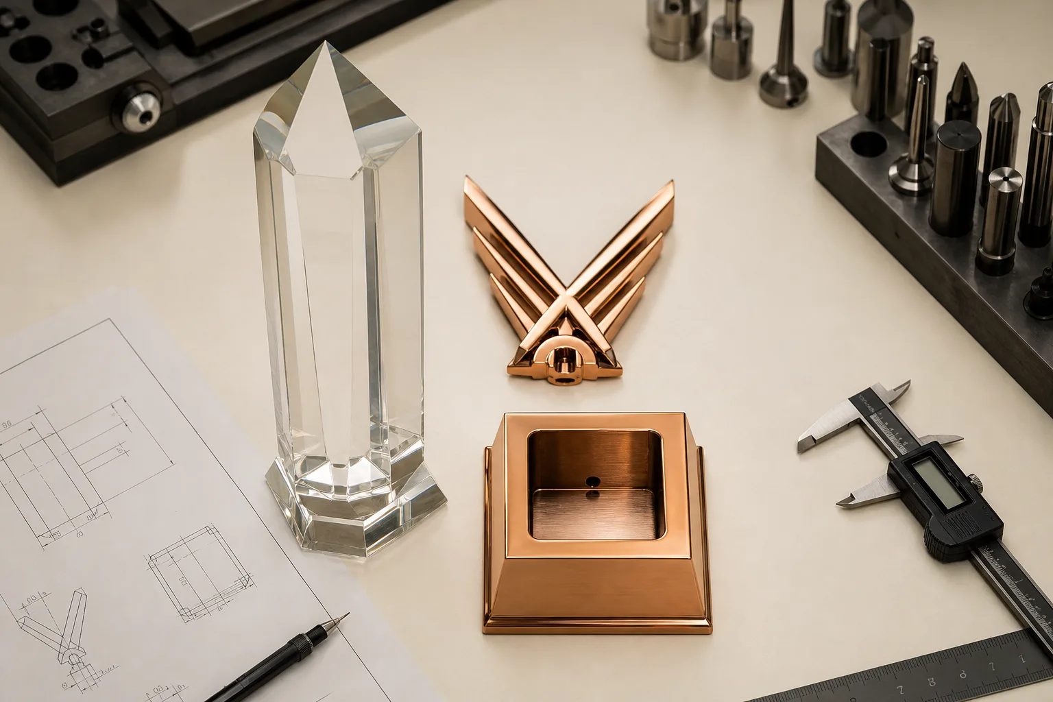 Crystal trophy body and metal emblem aligned for component fit review