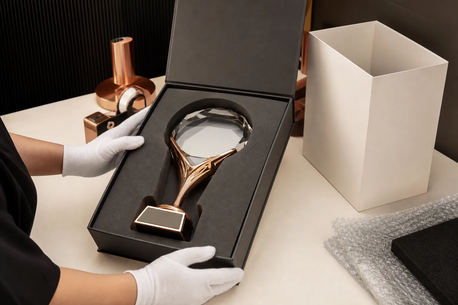 Protected crystal and metal trophy fitted inside a presentation box