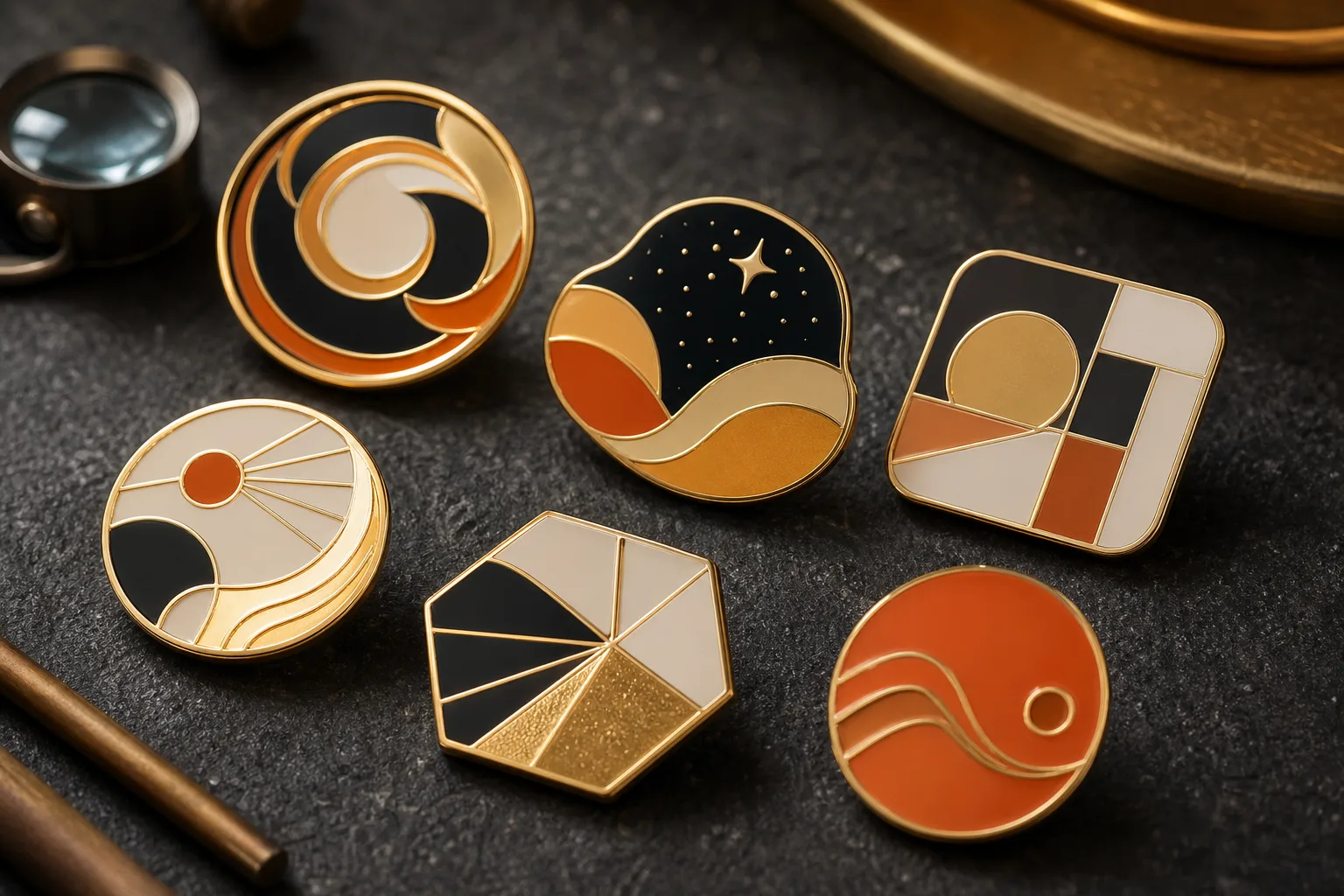 Macro view of level enamel color fields meeting polished metal outlines
