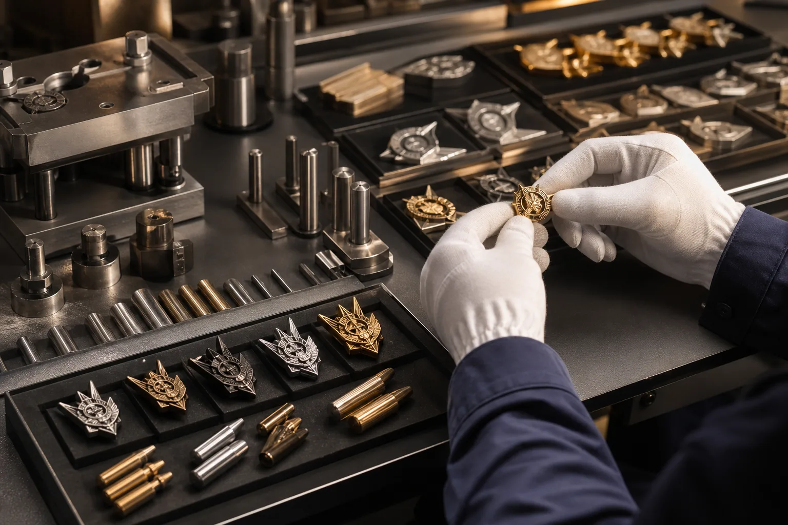 Metal pin blanks and plating samples arranged for manufacturing route review
