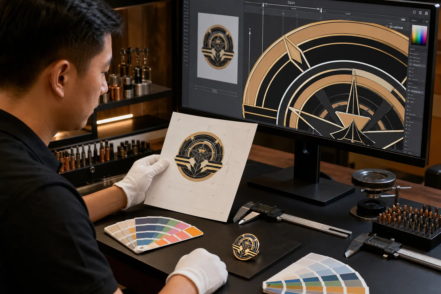 Engineer reviewing enamel pin artwork geometry, color areas and attachment placement