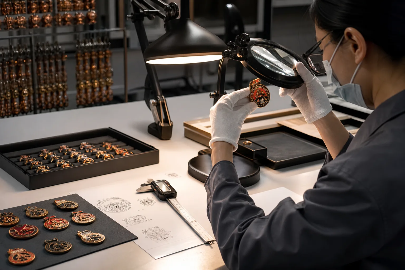 Inspector checking finished enamel pin dimensions, borders and polished surfaces