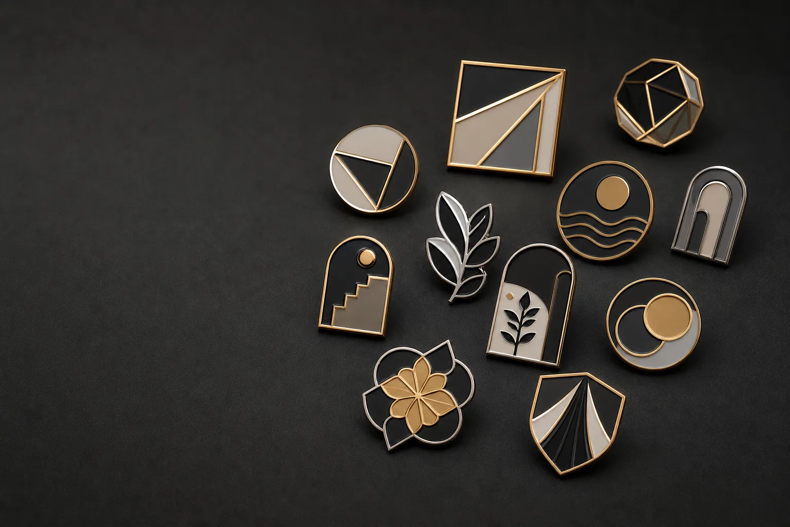 Custom hard enamel pins displaying smooth color fields and polished metal borders