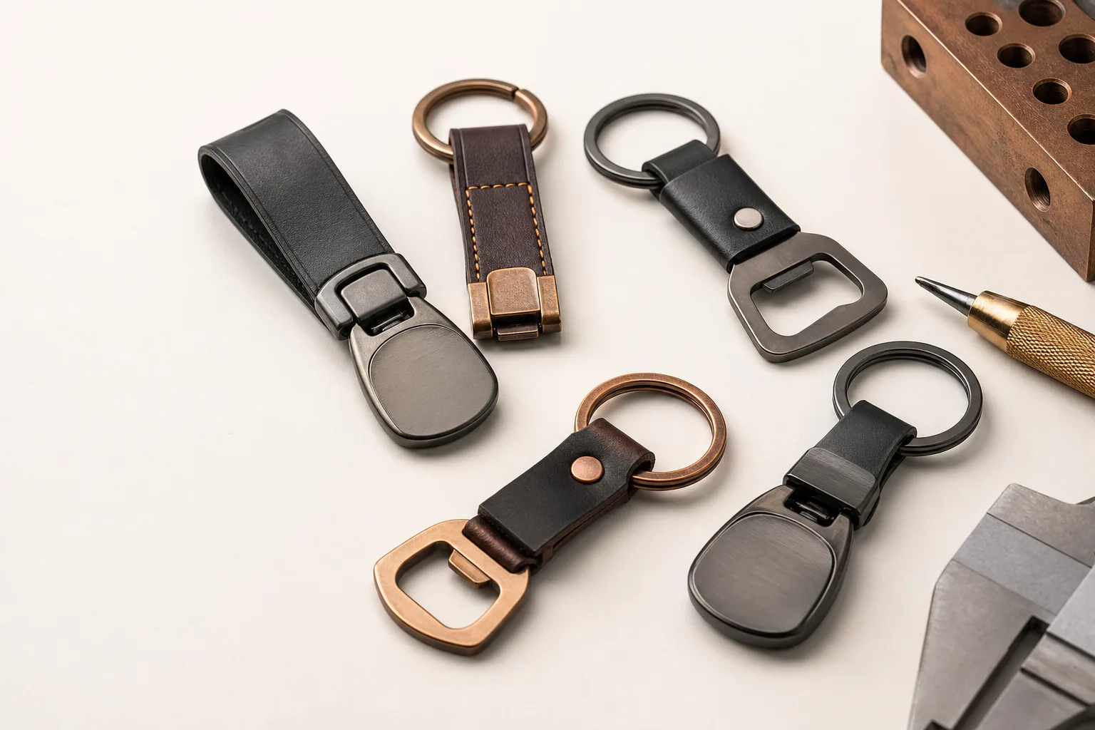 Leather-metal keychains display coordinated straps, emblems, rings and connecting hardware