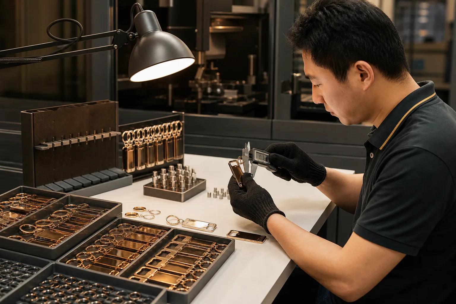 Quality inspector checks plated accessory dimensions, surface finish and attachment security