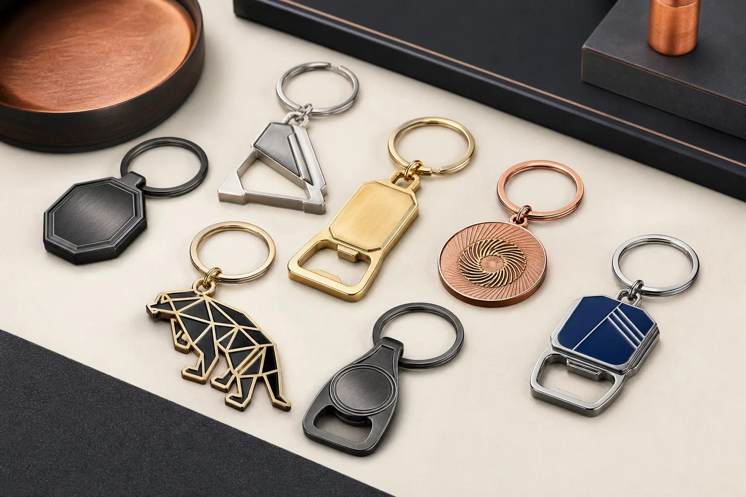 All-metal keychain samples demonstrate custom shapes, relief details and plated finishes