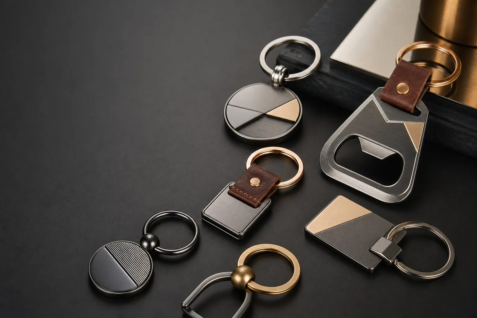 Custom metal keychains and bottle openers arranged for branded promotional product review