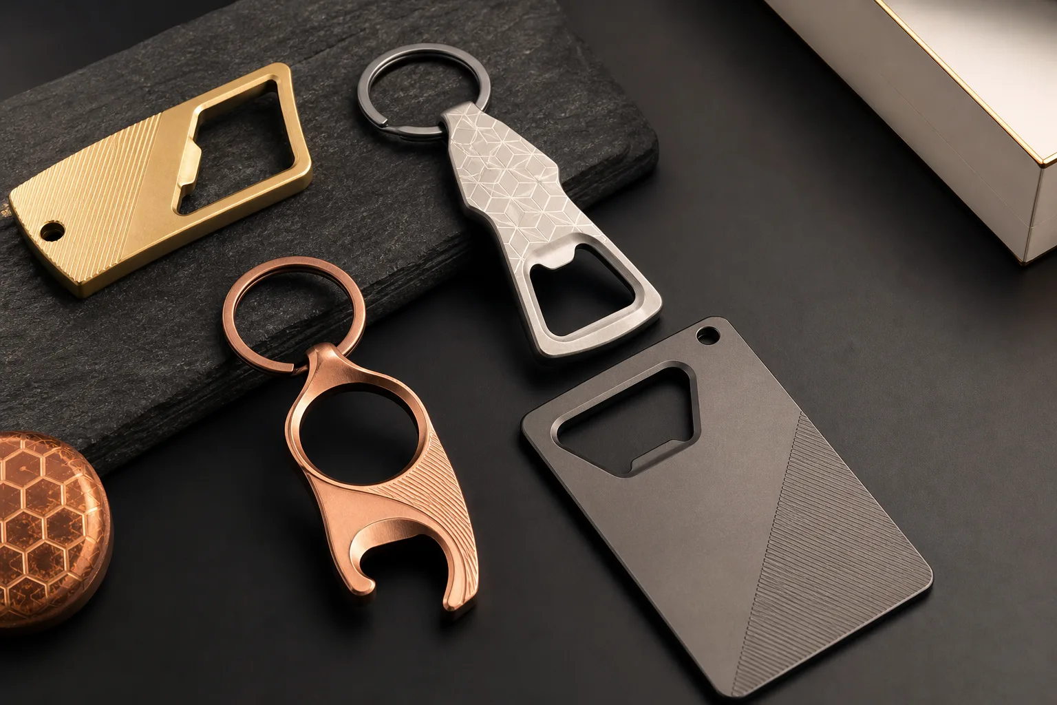 Promotional bottle opener samples show functional edges, branding areas and keyring attachments