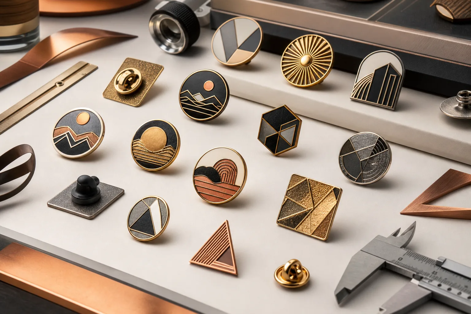 Assorted custom lapel pins and badges demonstrating multiple metal construction methods