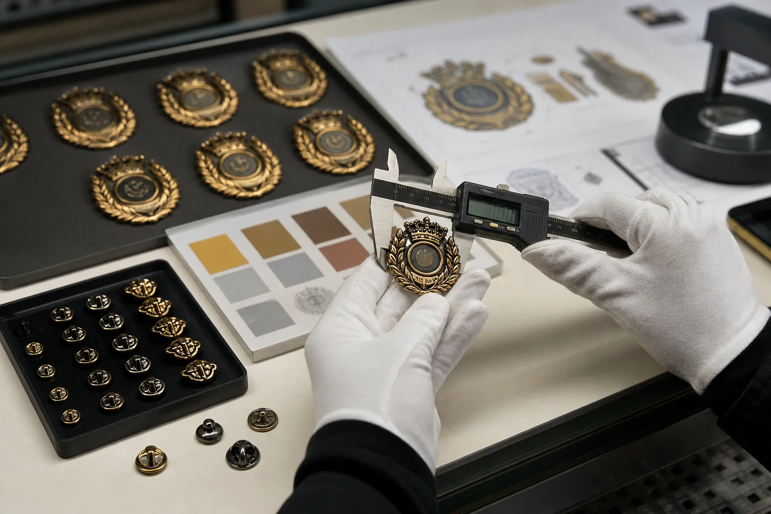 Technician inspecting badge dimensions, finish, color areas, and attachment components