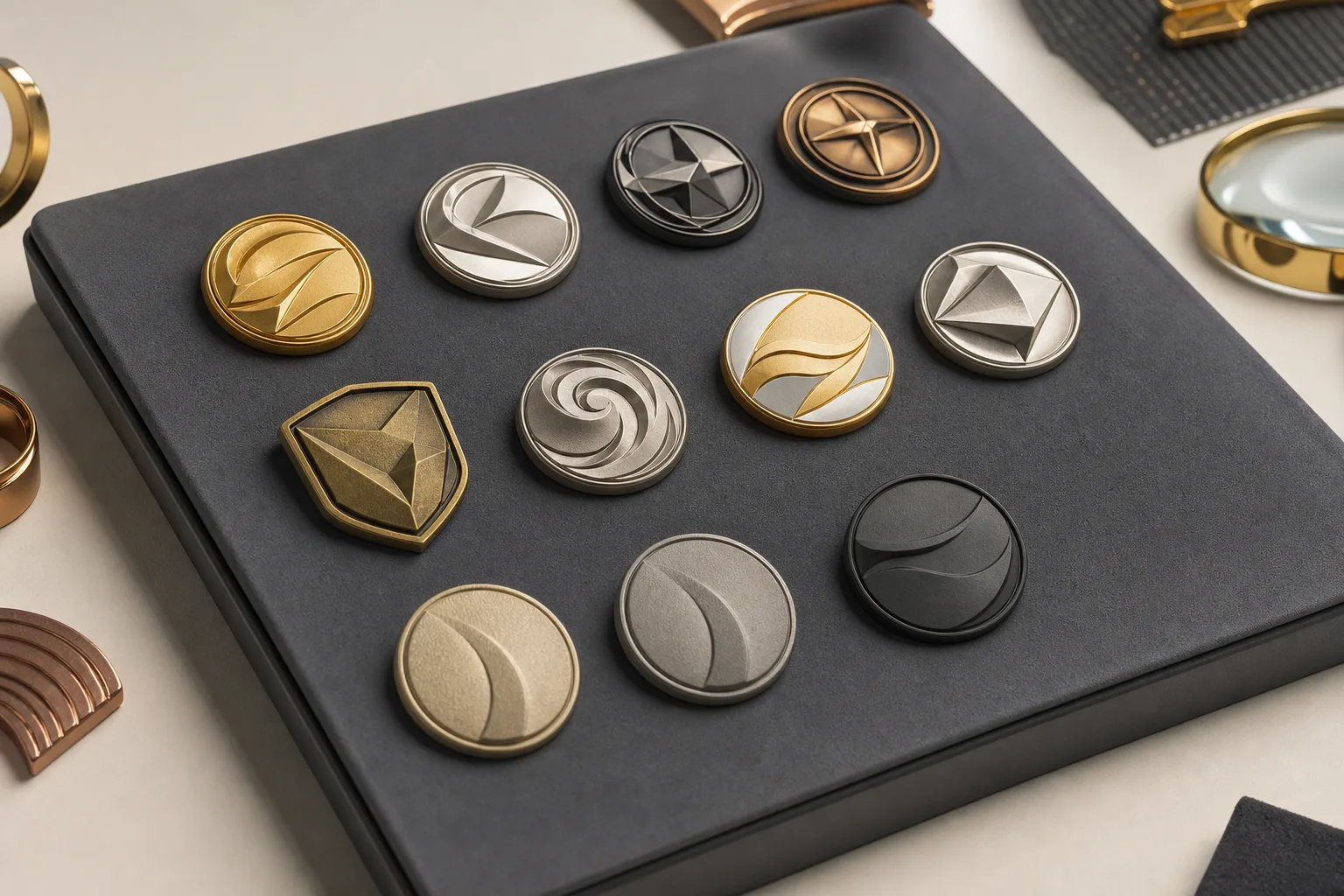 Metal badge samples displaying plating colors, antique effects, and matte finishes
